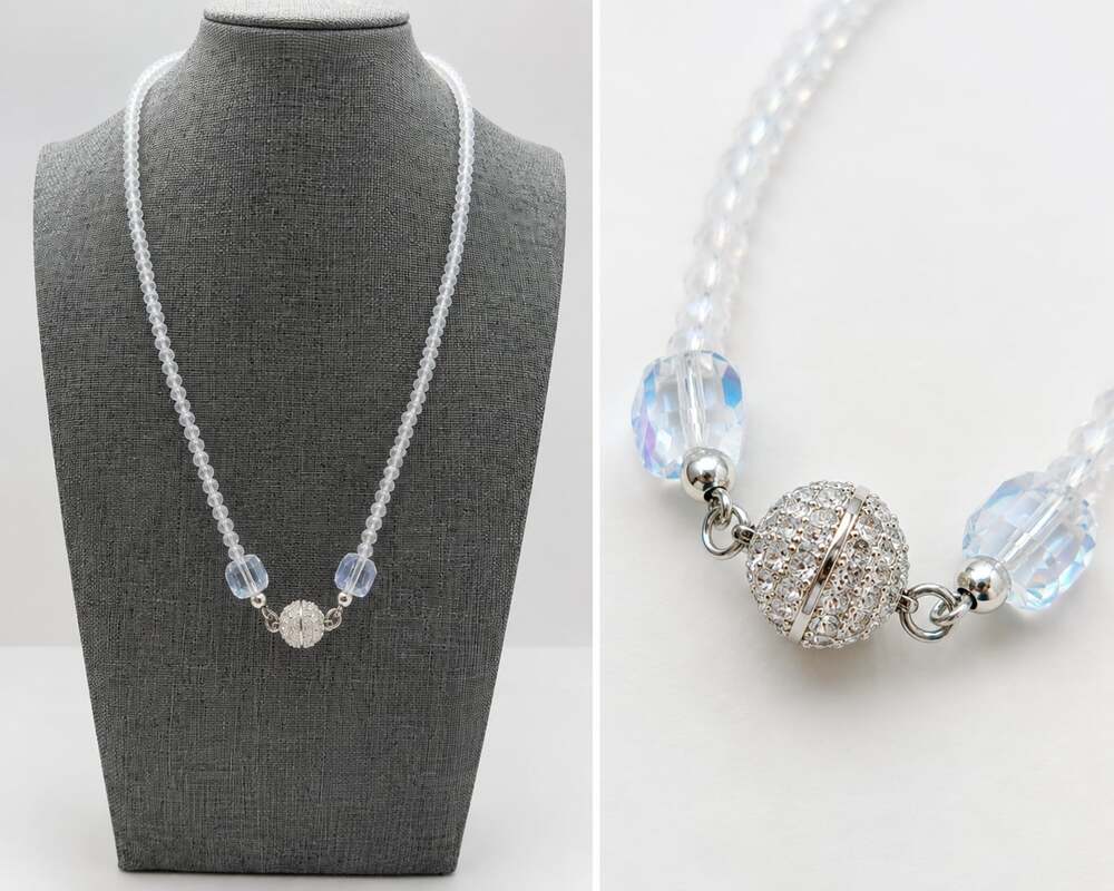 Vintage Clear Faceted Glass Bead Necklace with Pavé Crystal Ball Accent